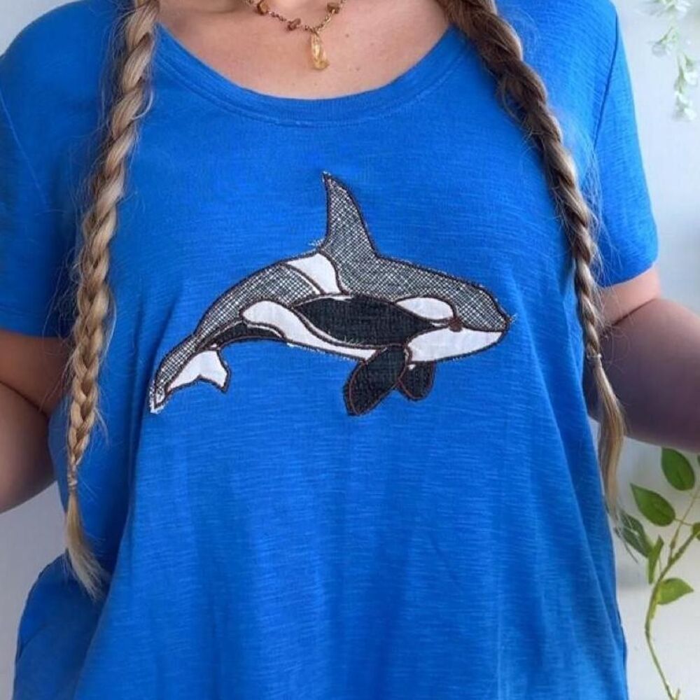 upcycled blue patchwork orca whale embroidered short sleeve tees